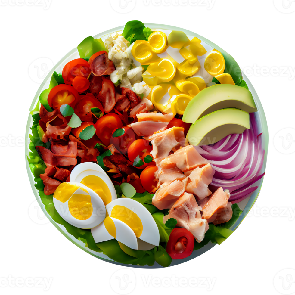 Delicious Cobb Salad, Cobb salad png image, tomatoes, bacon, hard-boiled eggs, blue cheese