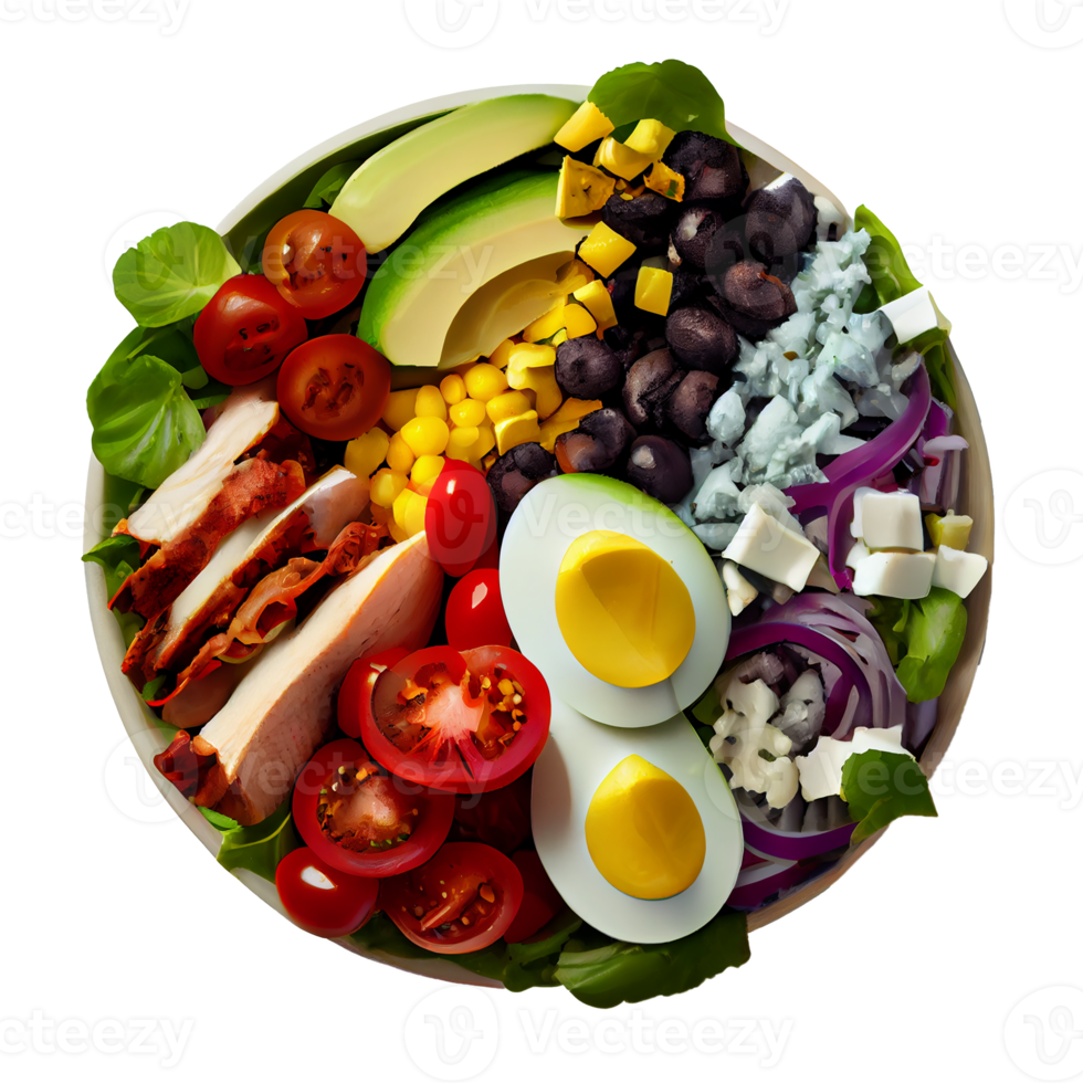 utsökt cobb sallad, cobb sallad png bild, tomater, bacon, hårdkokt ägg, blå ost