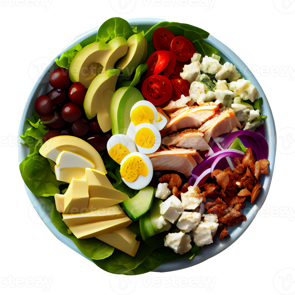 utsökt cobb sallad, cobb sallad png bild, tomater, bacon, hårdkokt ägg, blå ost