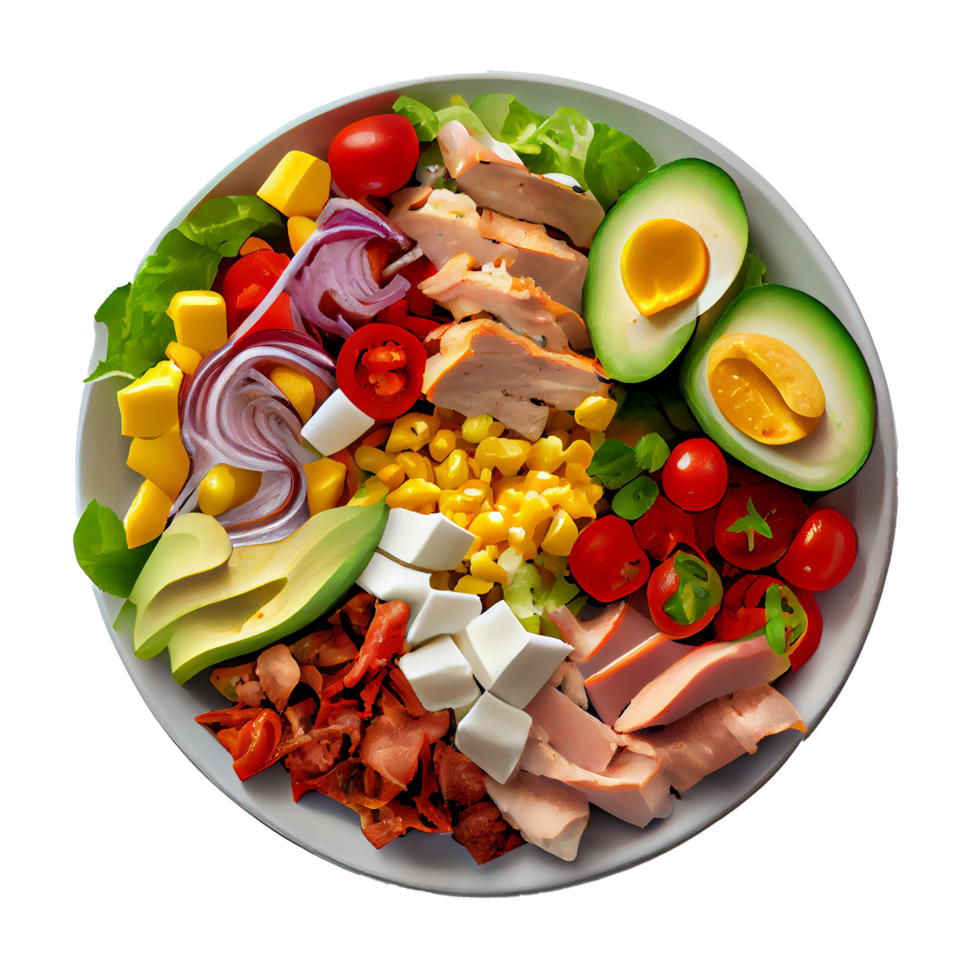 heerlijk cobb salade, cobb salade PNG afbeelding, tomaten, spek, hard gekookt eieren, blauw kaas