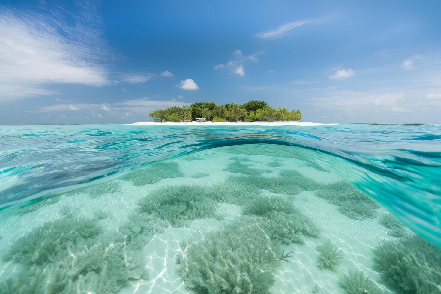 stunning natural beauty of the Maldives, with a pristine white sand island in the center, photo