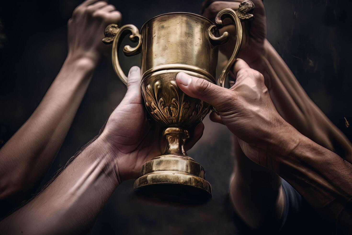 men hold a trophy with their hands in a close-up shot victory moment, photo