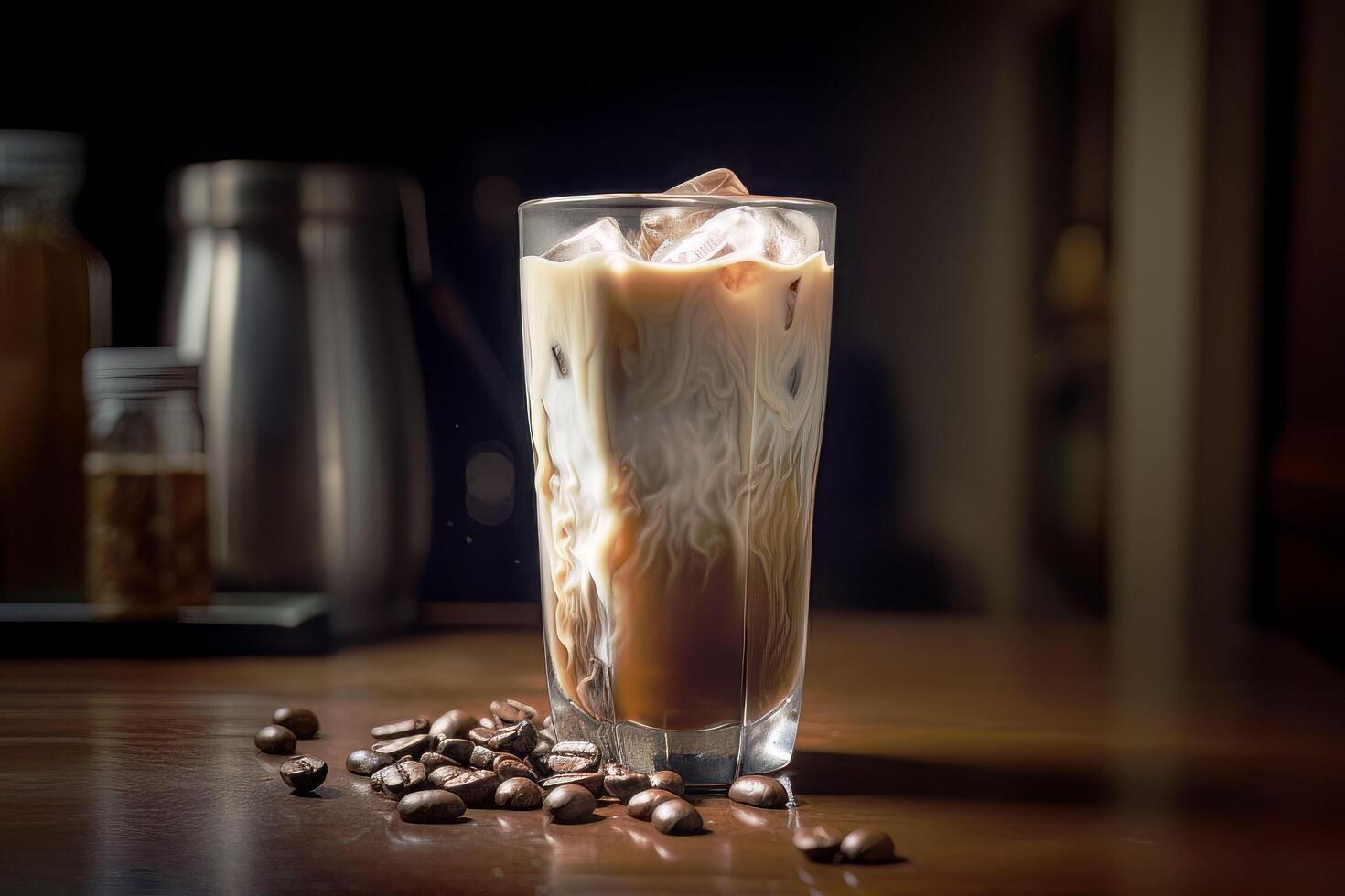 Cream is poured into a glass with iced coffee. Chilled coffee with natural ice on a white wooden table, photo