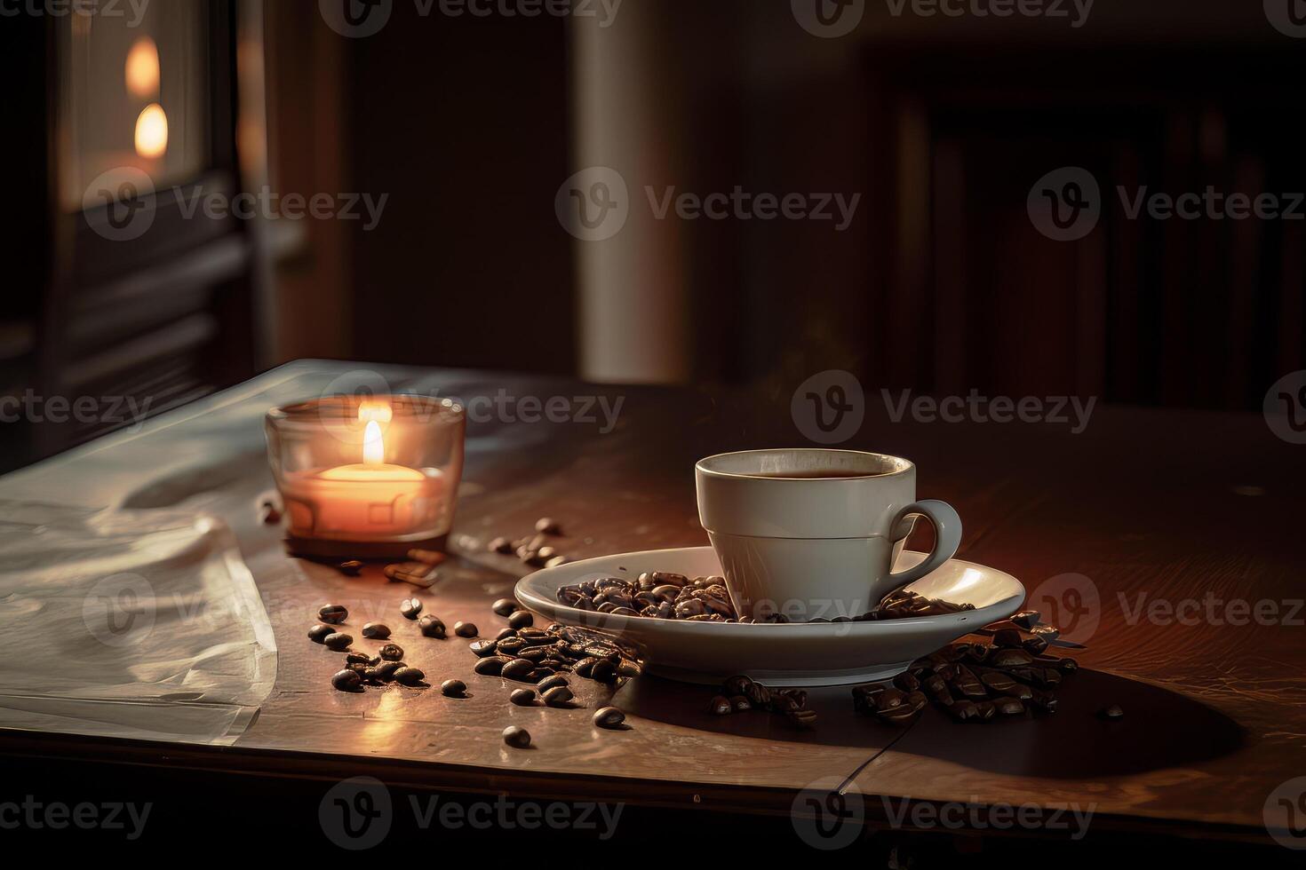 The coffee cup and beans on the cozy wooden table, photo