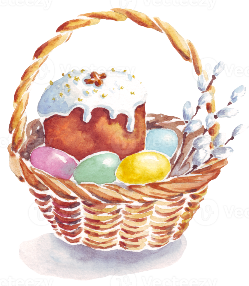 Easter cake and eggs.  Watercolor clipart. Hand-painted png
