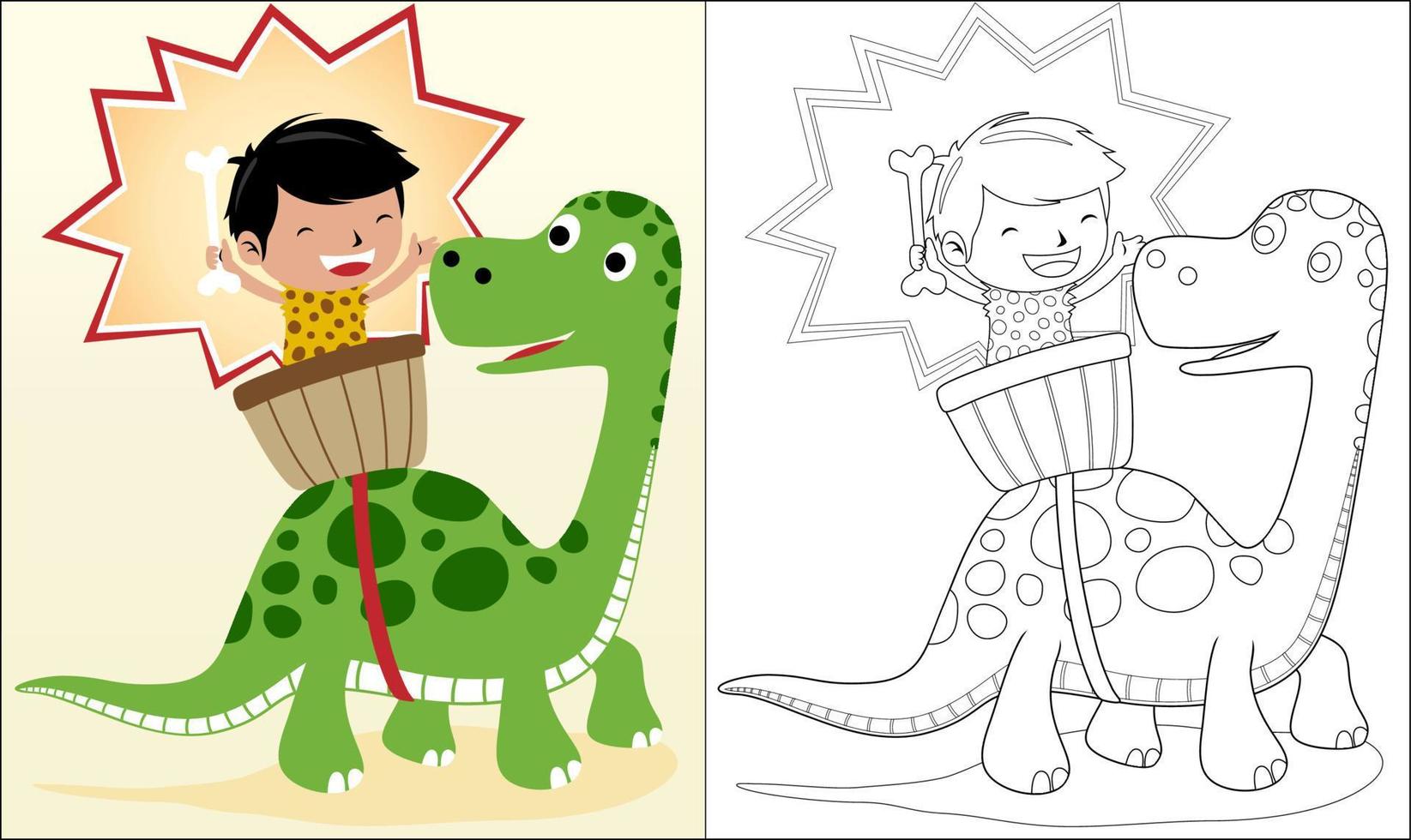 Coloring book or page of boy in caveman costume riding dinosaur vector