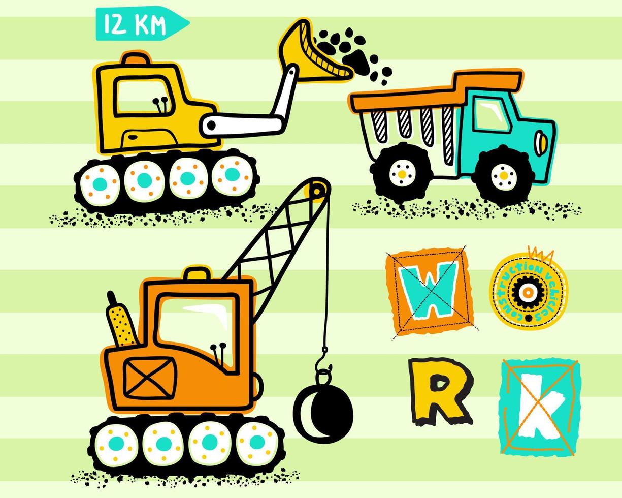 Vector illustration of hand drawn construction vehicles cartoon