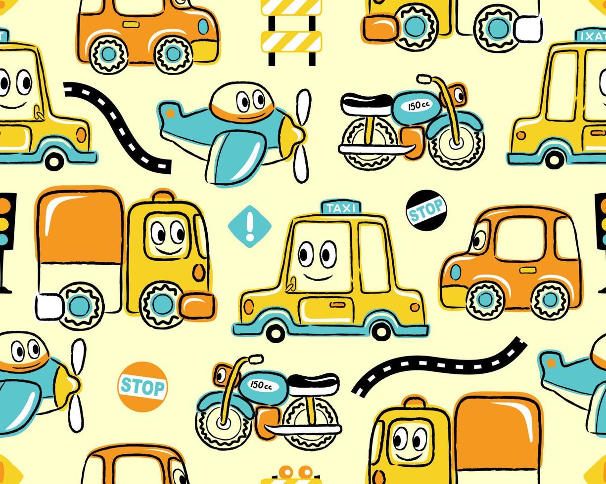 Seamless pattern vector of hand drawn funny vehicles with traffic signs
