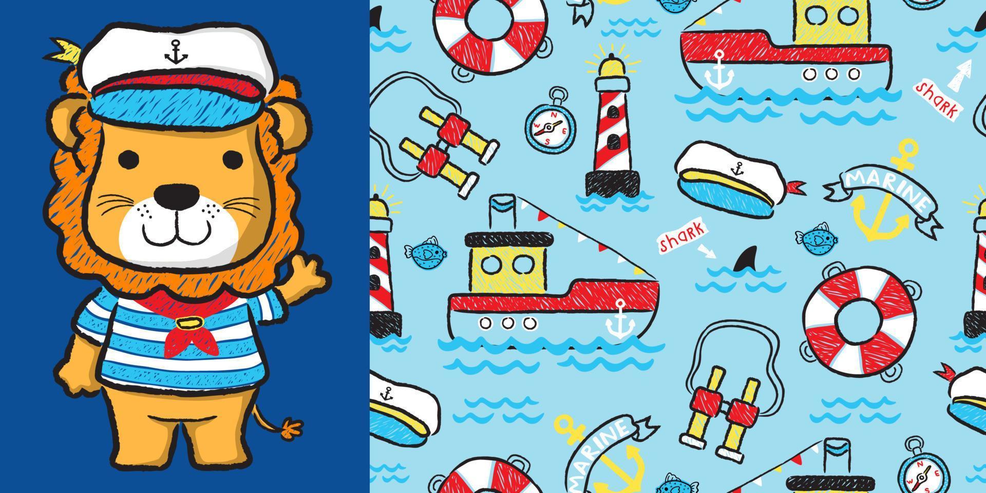 Hand drawn cute lion cartoon in sailor costume with seamless pattern nautical elements vector