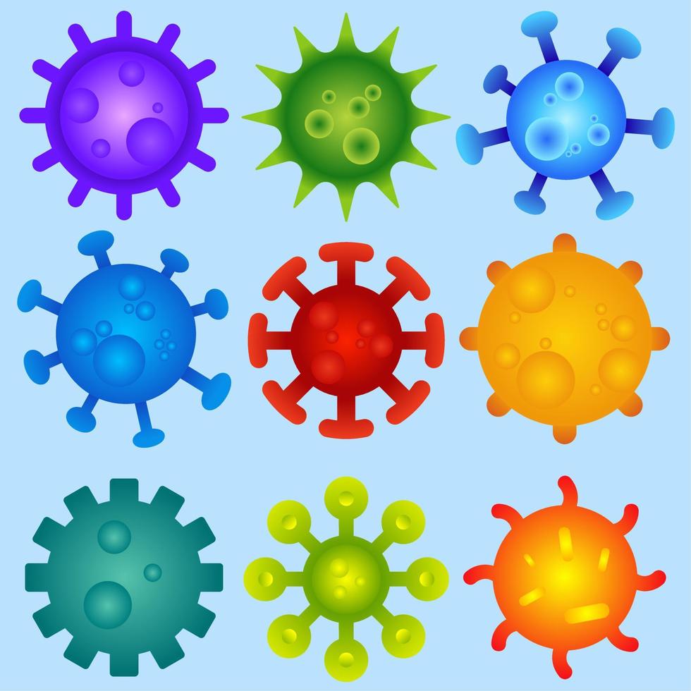 Virus vector illustration set. Viruses icon for illustration of coronavirus, pandemic, outbreak or quarantine. Covid-19 illustration for design regarding virus, infection, bacteria, germ and illness