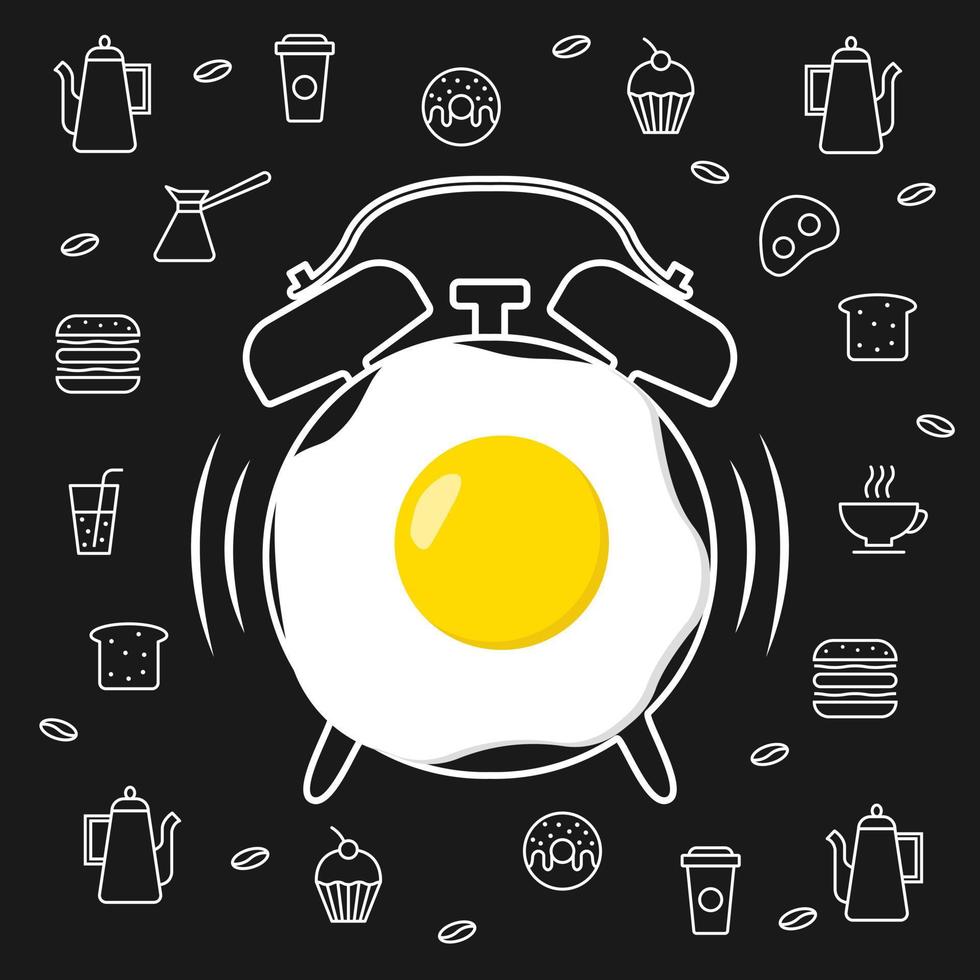 Fried egg and hand drawn watercolor alarm clock on textured black board background with outline food icons. Vector design for breakfast menu, cafe, restaurant. Fast food background.