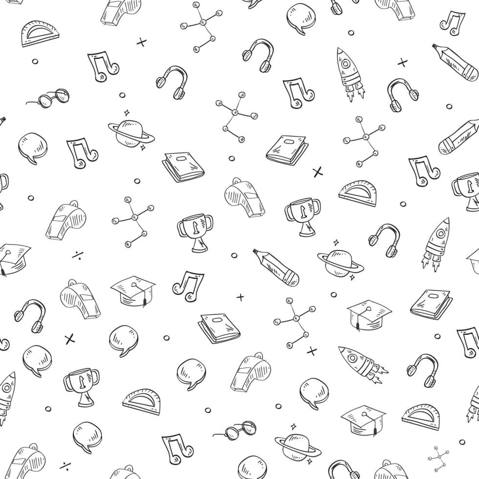 Seamless pattern on white background children's school doodles, cups, medals, whistle, books, vector. vector