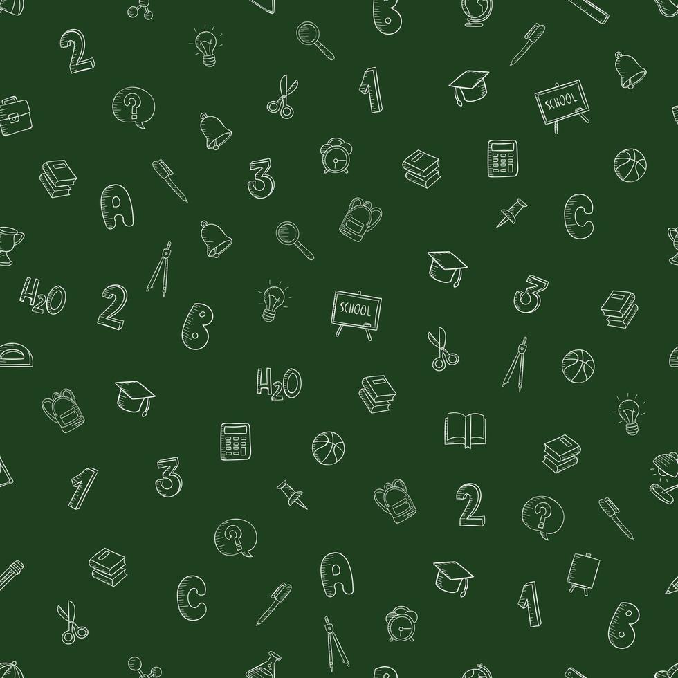 Seamless pattern on school green chalkboard in doodle style school icons numbers, light bulb, bell, alarm clock, briefcase, pen, allergy. vector