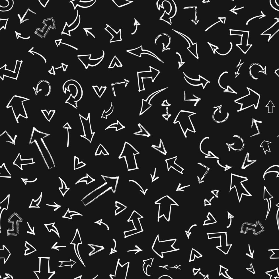 Seamless vector pattern on a black background in the style of doodle arrows.