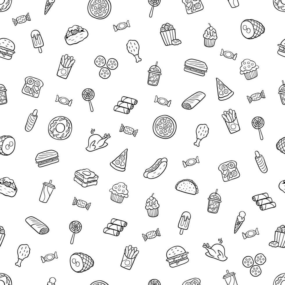 Seamless vector scribbling pattern fast food in a flat-style outline that depicts hot dog, sausage, pizza, burger, chicken grill, sandwich, French fries, drinks, sausage, charm, on a white background.