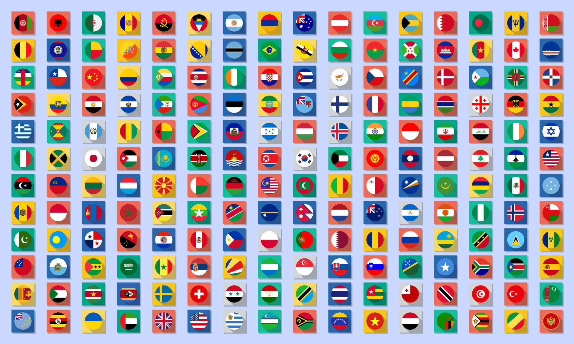 Vector flags of all countries of the world in a circle with a long