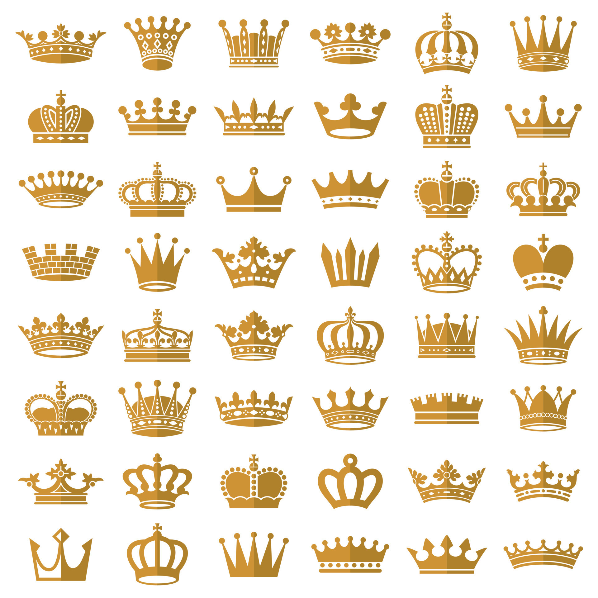 Gold crown icons. Queen king golden crowns luxury royal on blackboard