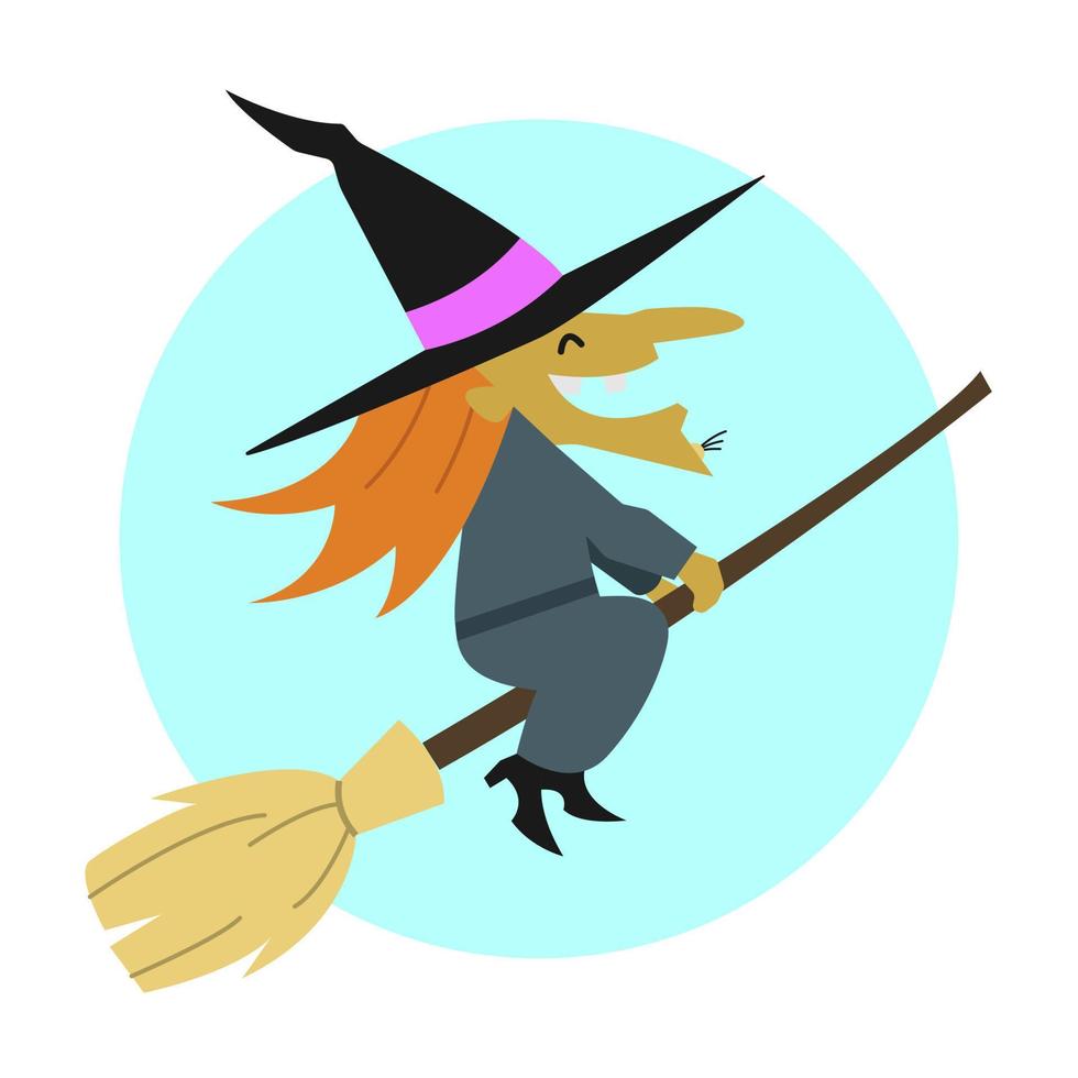 Simple flat illustration of an old witch flying on a broom smiling with a bag on her back. vector