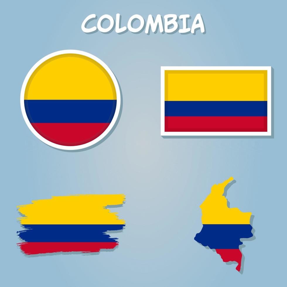 Colombia vector set, detailed country shape with region borders, flags and icons.