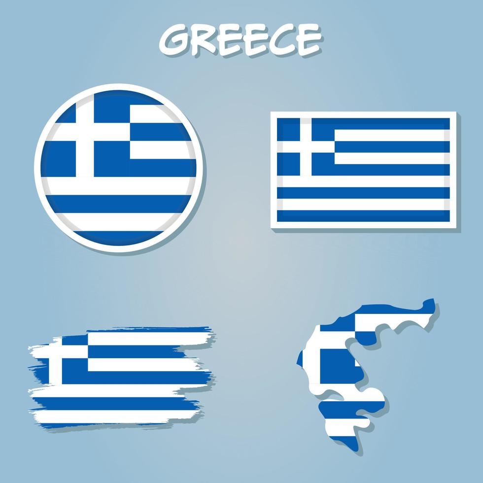 Colorful flag, map pointer and map of Greece in the colors of the Greek flag. vector