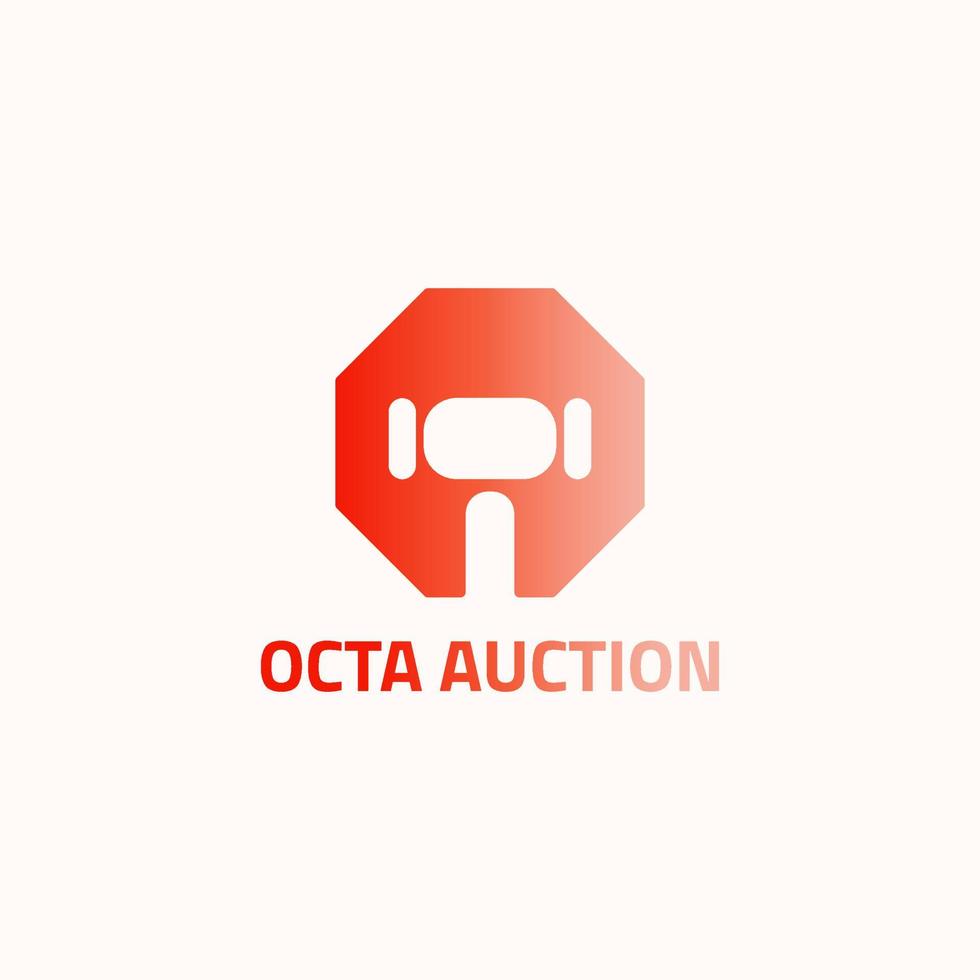 Octagonal logo with auction hammer negative space. vector