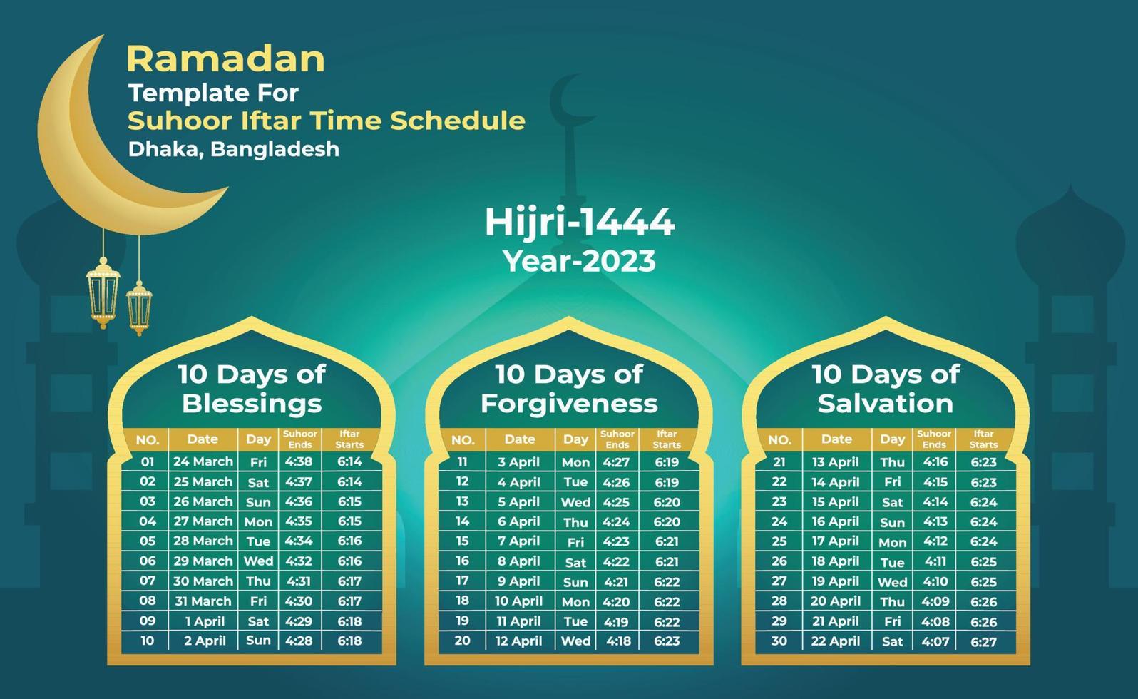 Ramadan Kareem Calendar with Suhoor Iftar Time table vector