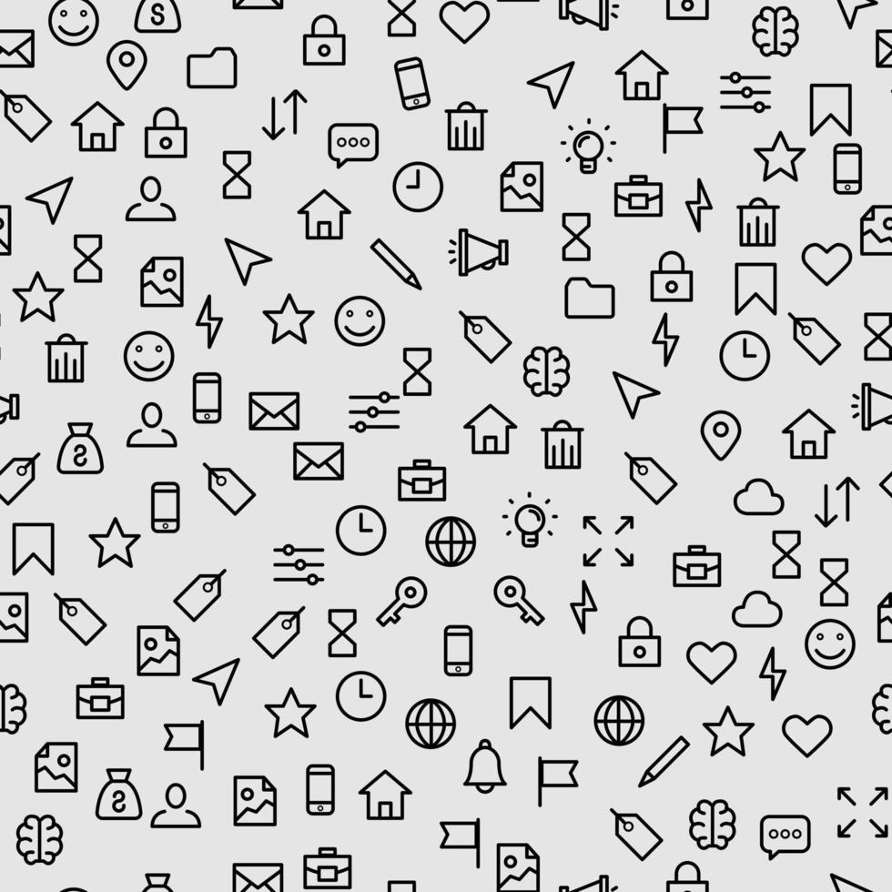Seamless pattern social black icons on a white background, on which are depicted in the style of a face, house, castle, hourglass, cursor, pencil, clock, flat vector illustration.