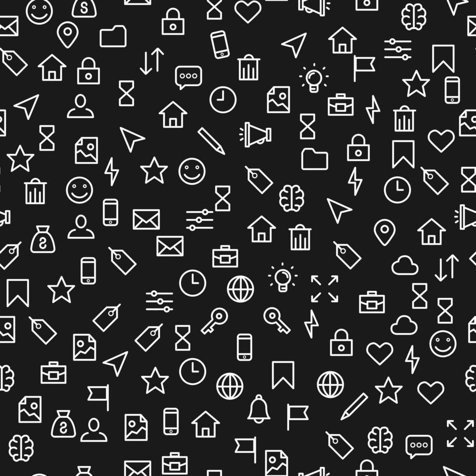 sin costura modelo de social blanco íconos en un negro fondo, en cuales un rostro, un casa, un castillo, un reloj de arena, un cursor, un lápiz, un reloj son representado en un carrera estilo. vector