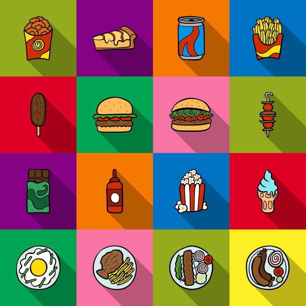 Set of vector fast food icons in bright square flat dice with long shadow, for web design and internet.