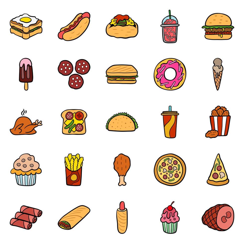 A large set of vector icons fast food in a flat style which depicts hot dog, sausage, pizza, burger, chicken grill, sandwich, French fries, drinks, sausage, charm.