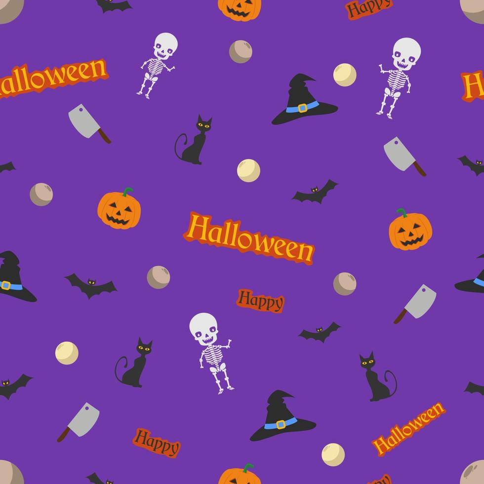 Halloween party pattern, seamless vector pattern with cute elements cats, pumpkins, wavy leaves.