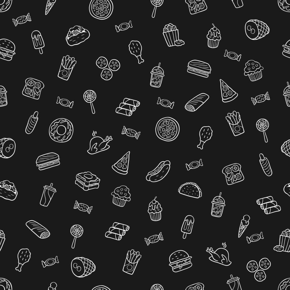 Seamless scrawl pattern fast food in a flat style outline that depicts hot dog, sausage, pizza, burger, chicken grill, sandwich, French fries, drinks, sausage, charm, on a black background. vector