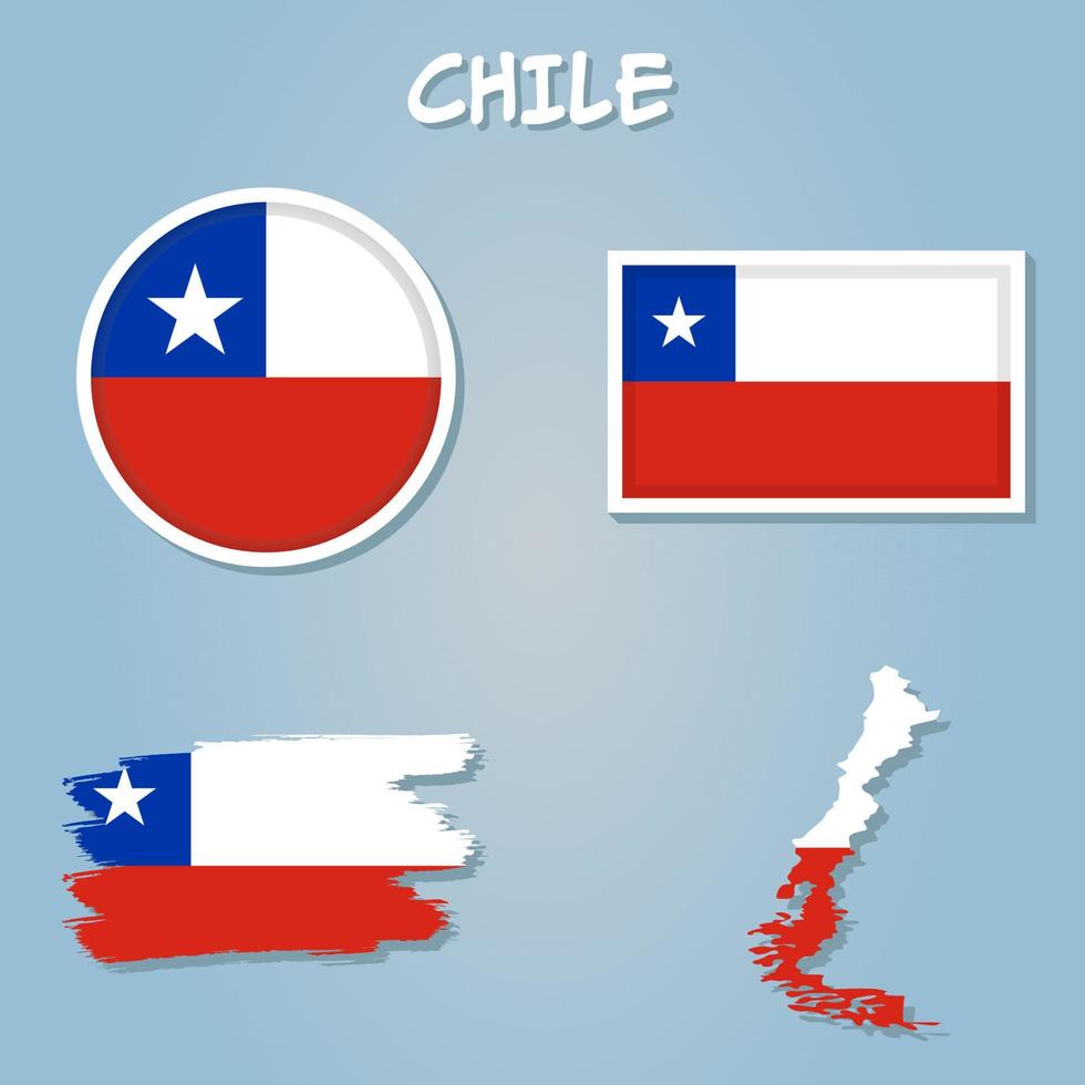 Chile vector set, detailed country shape with region borders, flags and icons.