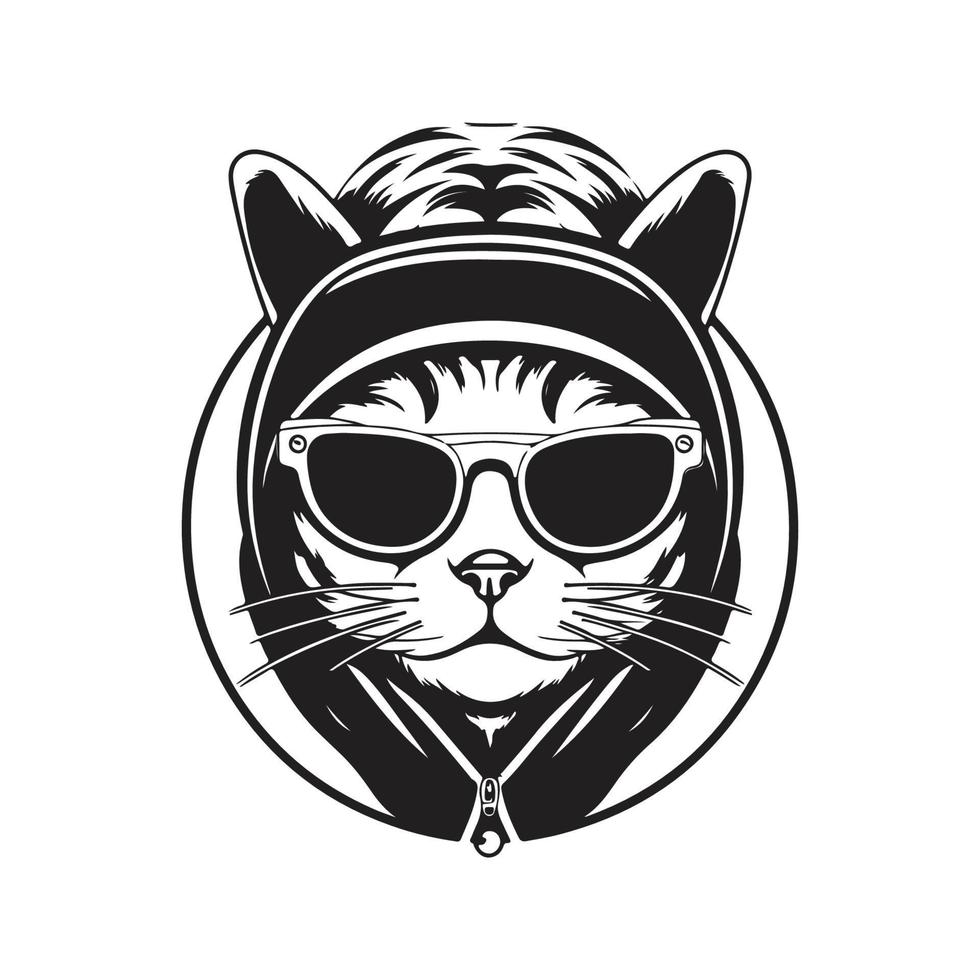 cool cat wearing eyeglasses and hoodie, vector concept digital art, hand drawn illustration
