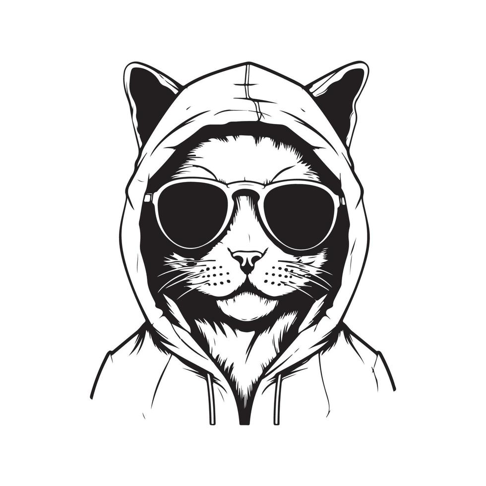 cool cat wearing eyeglasses and hoodie, vector concept digital art, hand drawn illustration