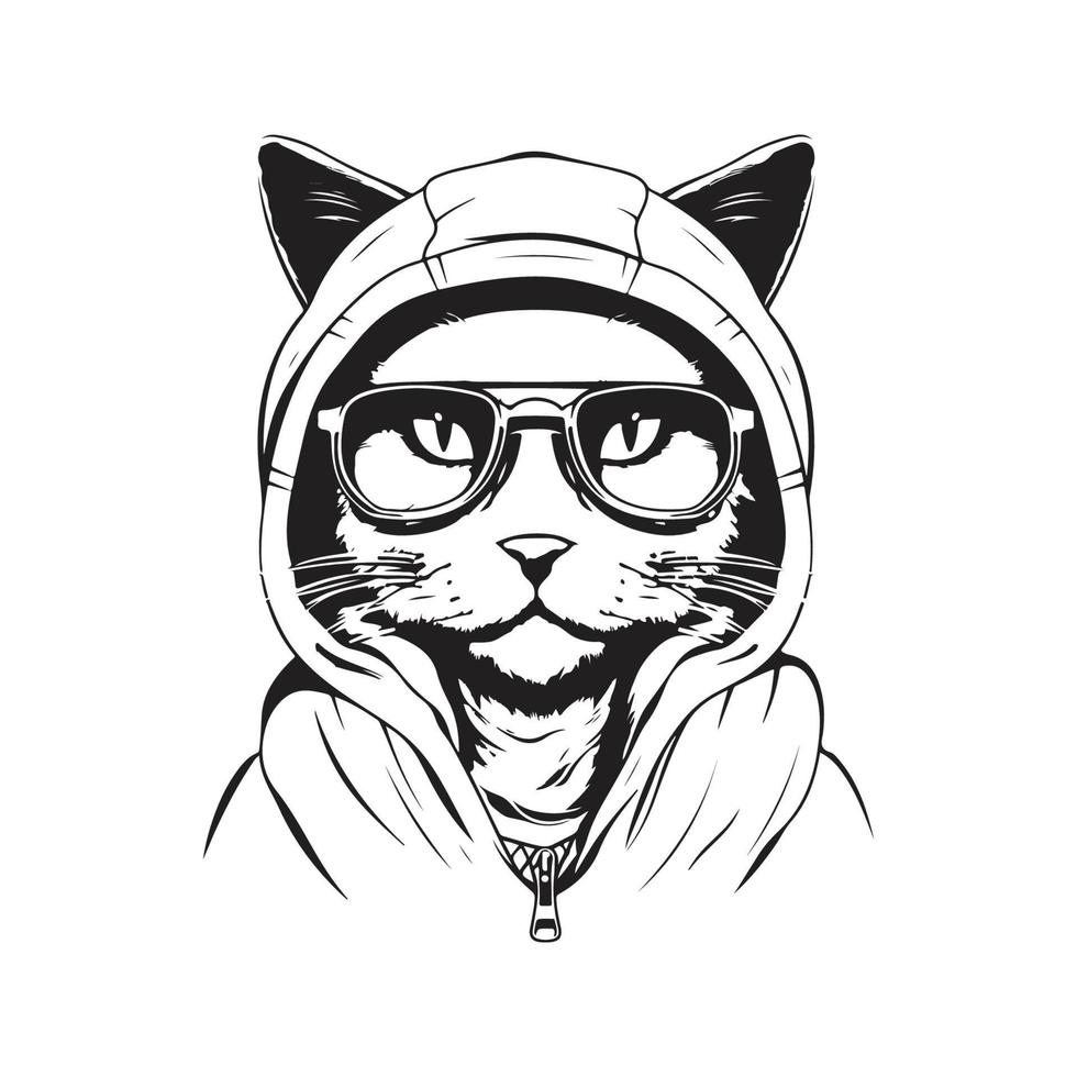 cool cat wearing eyeglasses and hoodie, vector concept digital art, hand drawn illustration