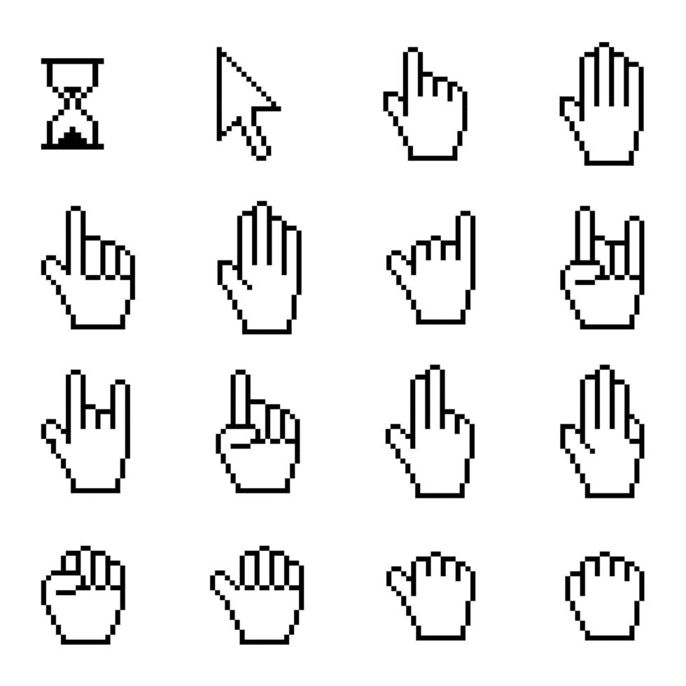 Cursor, cursor hand pointer and sand clock pixel icon set . Vector illustration