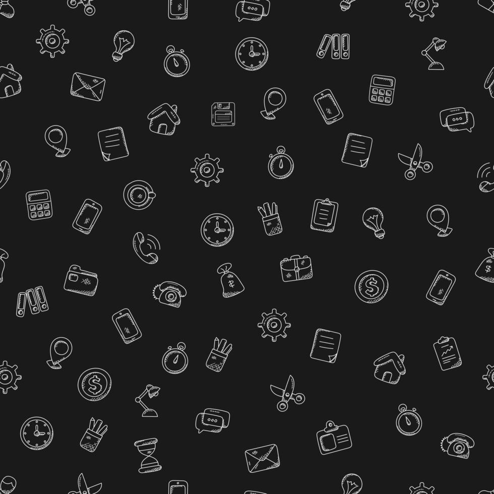 Seamless pattern in doodle style, white business icons on a black background which depicts an envelope, a gear, a light bulb. stopwatch, scissors, calculator, vector flat illustration.