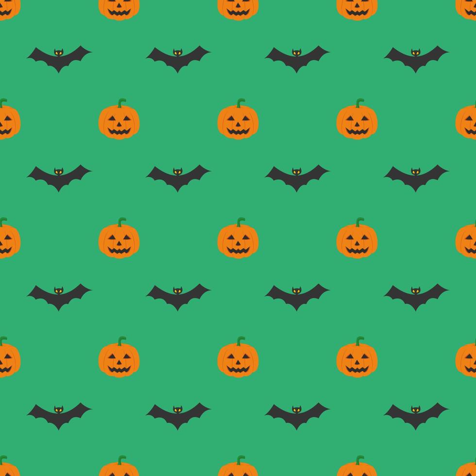Halloween pattern, smiling and funny cartoon characters pumpkin on green background. vector