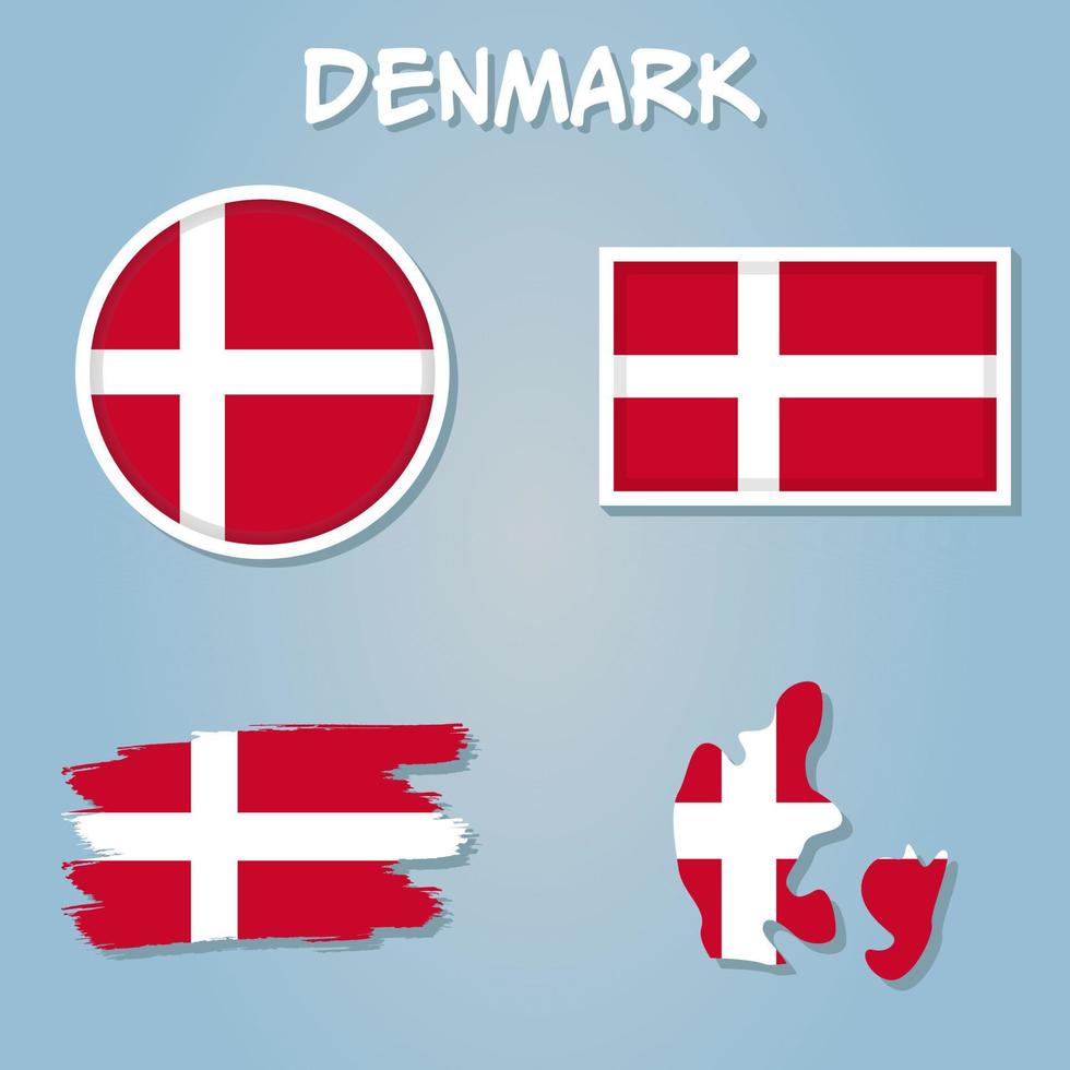 Colorful flag, map pointer and map of Denmark in the colors of the danish flag. vector