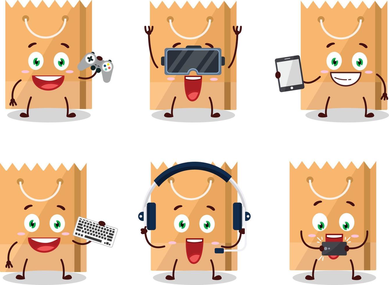 Grocery bag cartoon character are playing games with various cute emoticons vector