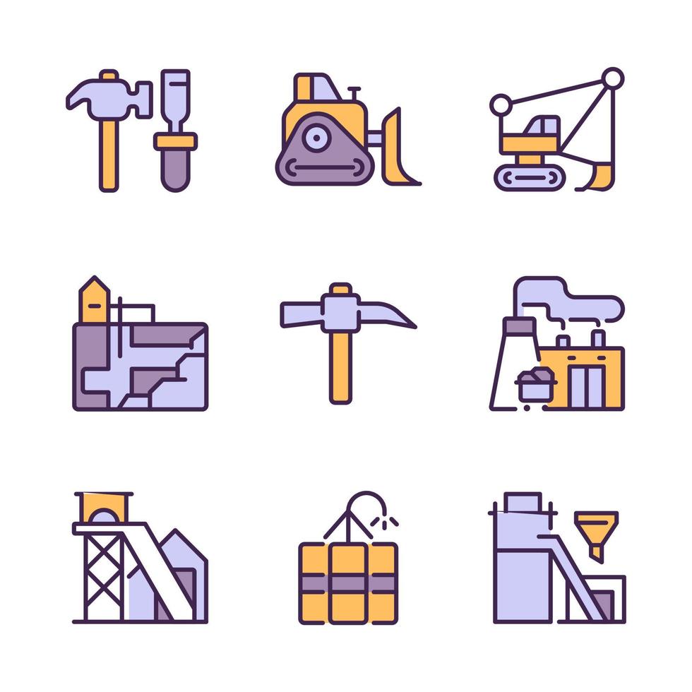 Mining industry related pixel perfect RGB color icons set. Heavy equipment. Coal processing plant. Isolated vector illustrations. Simple filled line drawings collection. Editable stroke