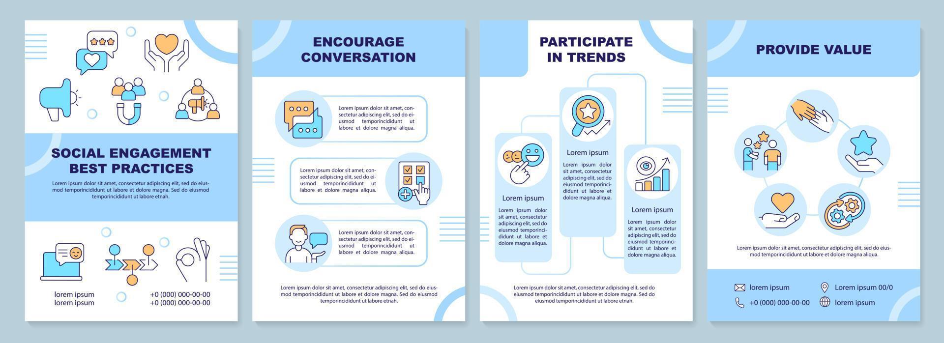 Social engagement best practices blue brochure template. Leaflet design with linear icons. Editable 4 vector layouts for presentation, annual reports