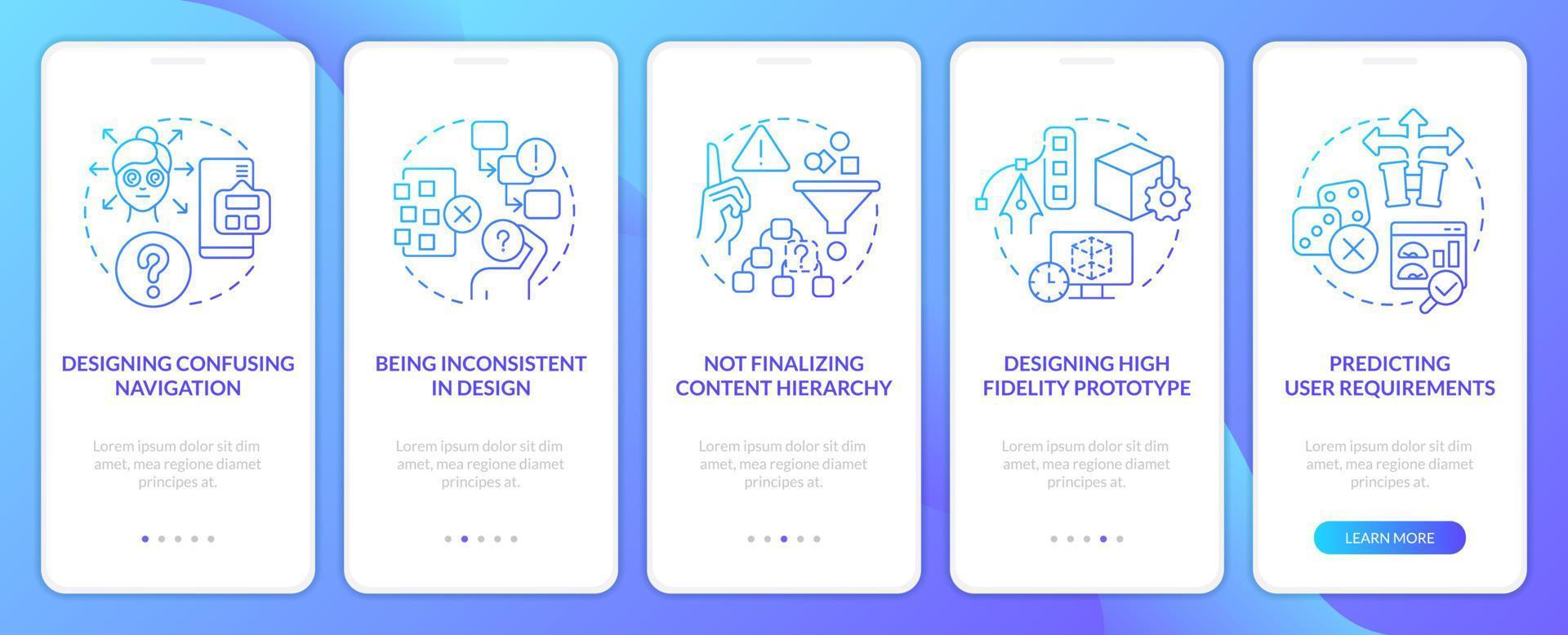 Bad user experience design blue gradient onboarding mobile app screen. Walkthrough 5 steps graphic instructions with linear concepts. UI, UX, GUI template vector