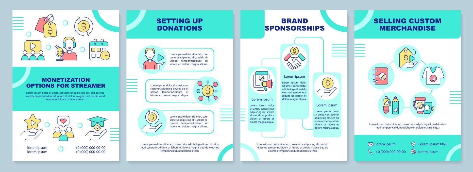 Monetization options for streamer brochure template. Leaflet design with linear icons. Editable 4 vector layouts for presentation, annual reports