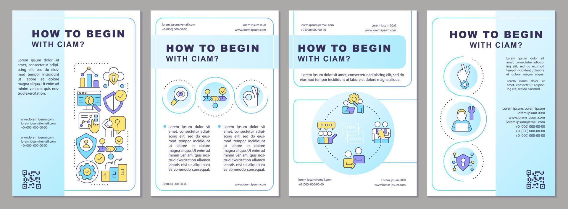 Starting with CIAM blue brochure template. Business digital upgrade. Leaflet design with linear icons. Editable 4 vector layouts for presentation, annual reports