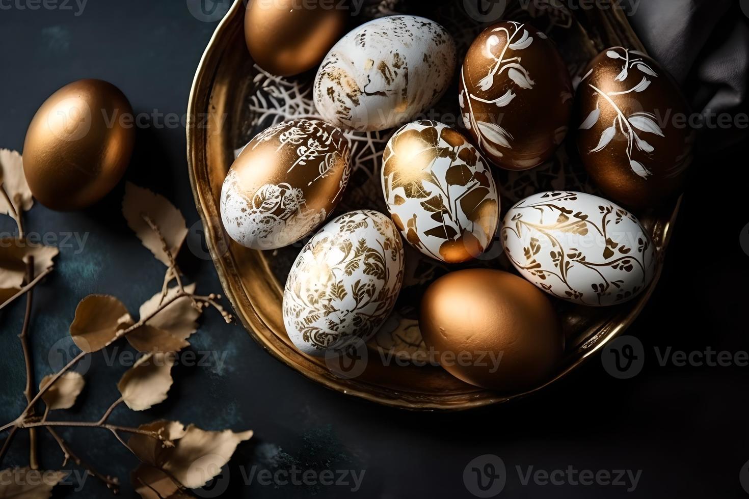 Gold and white decorated easter eggs painted by hand on a dark background, Easter, stylish minimal composition, flat lay photo