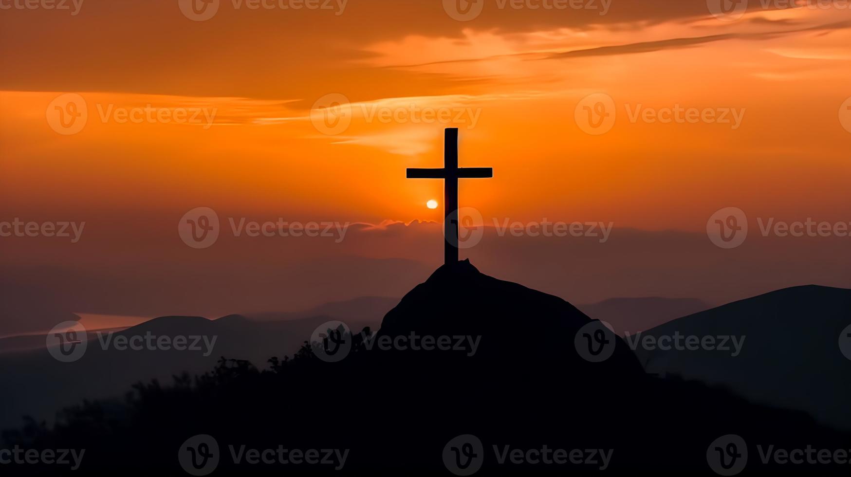 silueta de crucifijo cruzar en montaña a puesta de sol cielo antecedentes. cristiano Pascua de Resurrección ilustración foto