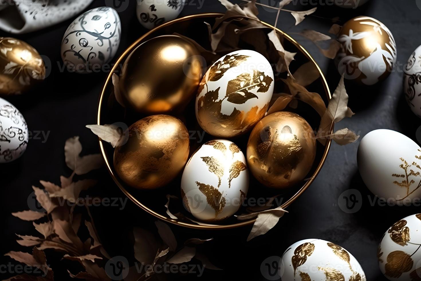 Gold and white decorated easter eggs painted by hand on a dark background, Easter, stylish minimal composition, flat lay photo