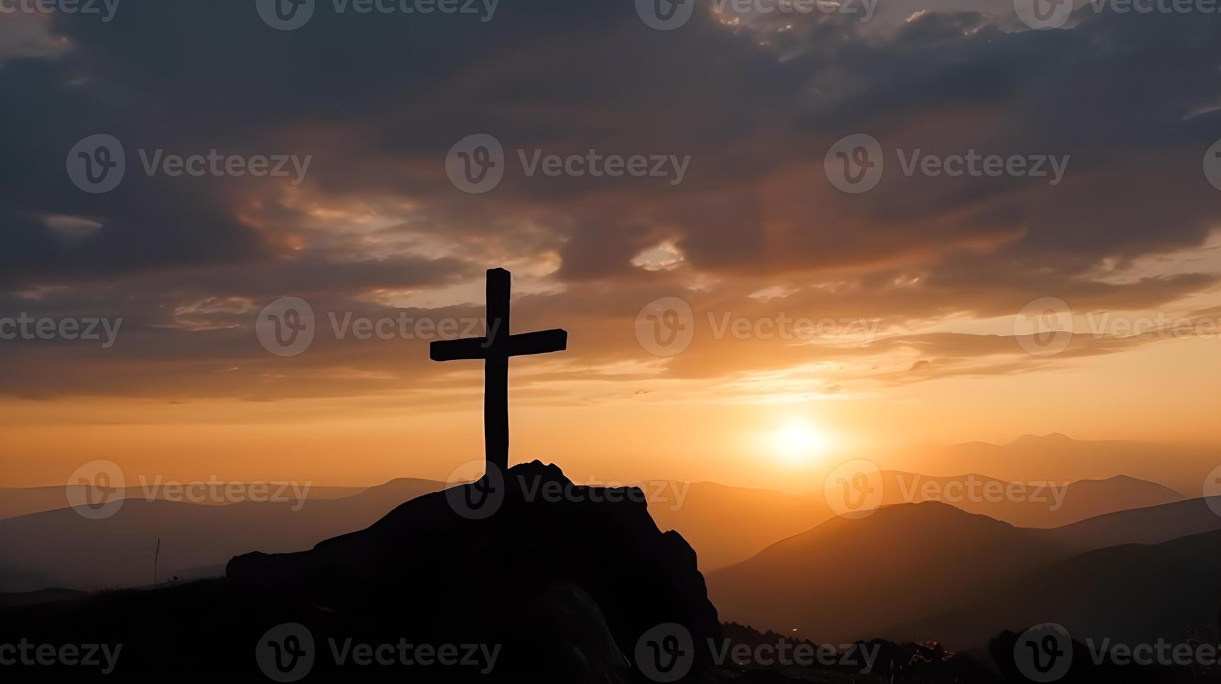 Silhouette of crucifix cross on mountain at sunset sky background. Christian Easter illustration photo